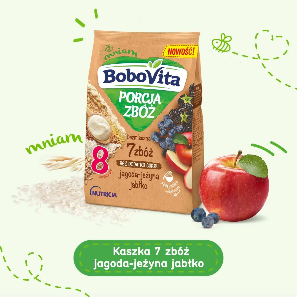 Bobovita Kaszka Porcja Zbóż Bezmleczna 7 Zbóż, Jagoda, Jeżyna, Jabłko