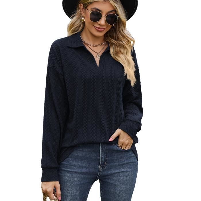 Pull Femme En Tricot Manches Longues Col V Pullover Lâche Couleur Unie Confortable Printemps Et Automne - Taille EU - Bleu Marine