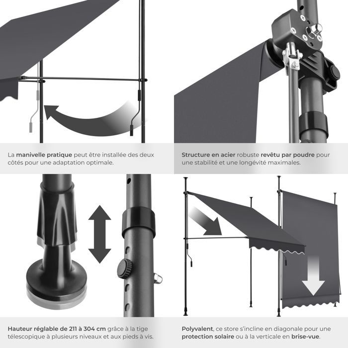 Toldo de jardim - TECTAKE - Toldo de encaixe sem furos, com manivela ajustável em altura - Preto/Cinza - 150 x 180 cm