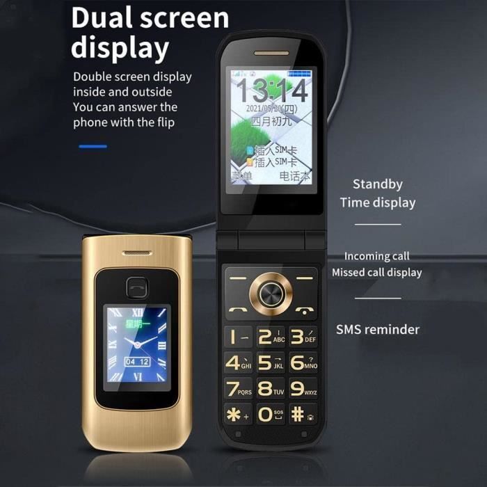 Ontgrendelde mobiele telefoon voor senioren, klaptelefoon met grote knoppen, dubbel 2,4 inch scherm, FM-radio, goudkleurig