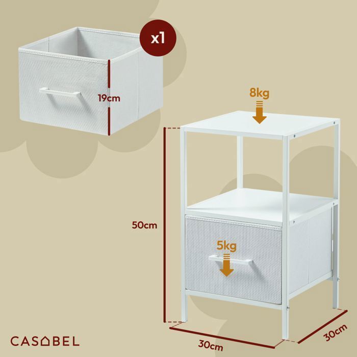 CASABEL Juego de 2 mesitas de noche blancas con cajón en tela reforzada, metal y madera, 30×30×50cm, mesa auxiliar