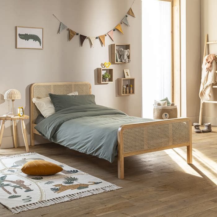 Chambre complète lit cannage enfant avec commode et chevet bois naturel ANNA 90x190 - Bois naturel - Terre de Nuit