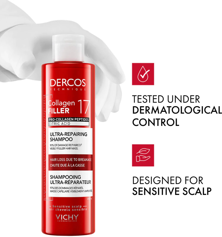 Shampoo Vichy Dercos Collagen Filler 17 de Regeneração Profunda Contra a Quebra Capilar