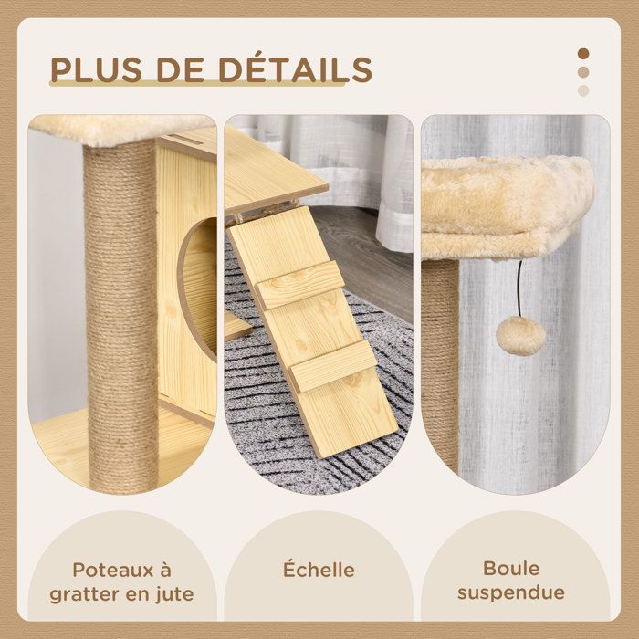Árbol rascador de diseño para gatos - PawHut - estilo contemporáneo con postes rascadores de sisal, cueva para gatos, plataformas, hamaca y bola - madera - beige