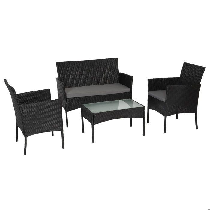 Conjunto de muebles de jardín CORDOUE de 4 plazas en resina tejida negra con cojines grises.