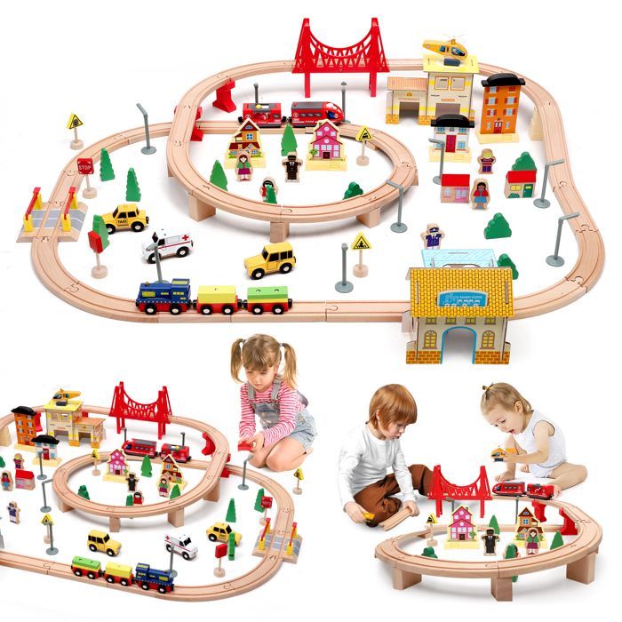 Set trenino Montessori in legno da 108 pezzi per bambini - TTLIFE - Vagone trenino per bambini, con 4 vagoni e binari, giocattolo regalo di Natale