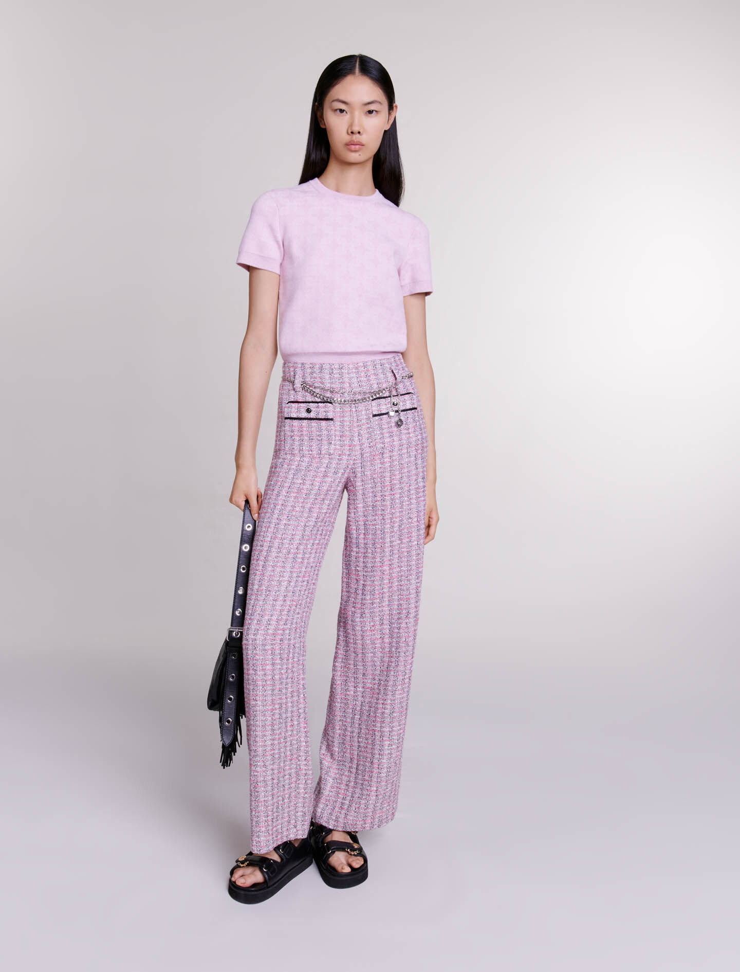 Broek ook verkrijgbaar in tweed-roze/zwart