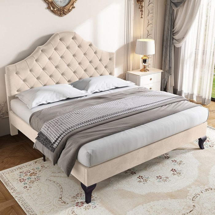 Cama doble de 140x190 cm con somier de láminas, estructura de cama para adultos con cabecero regulable en altura, color beige.