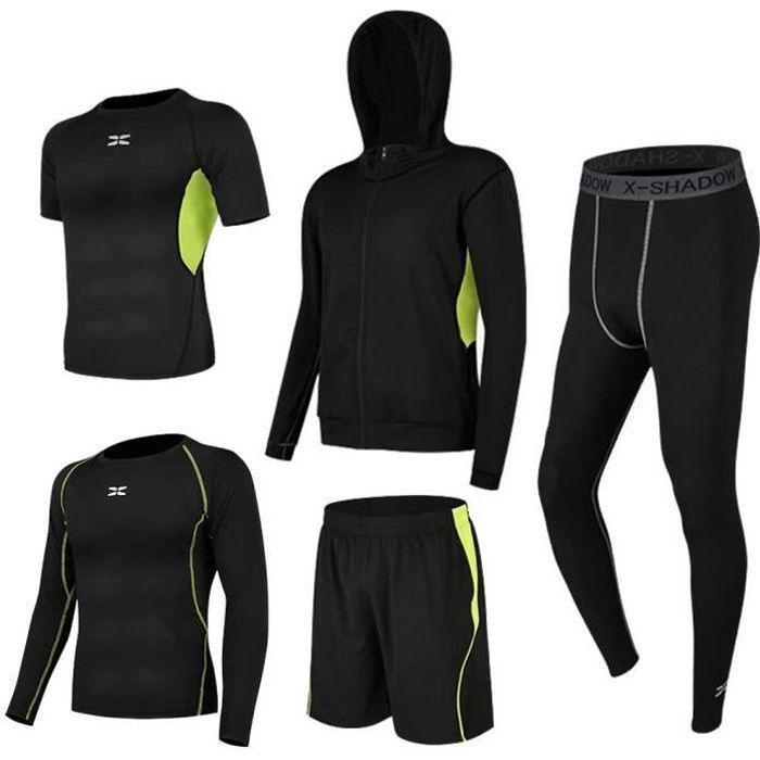 Conjunto esportivo masculino de 5 peças verde, tecido macio, secagem rápida, respirável, ideal para corrida e treino.