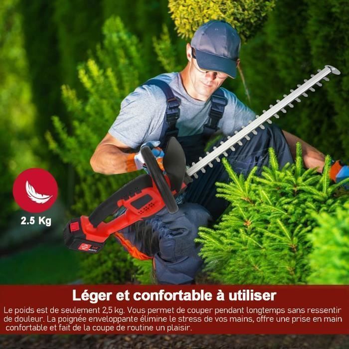 Cortasetos inalámbrico - 2 baterías de 21 V - Cortasetos eléctrico de 48 cm, 2 asas y protector, robusto y ligero para setos y arbustos.
