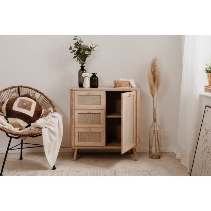 Small storage unit - 3 drawers - 1 door - Cane finish - W80.9 x H84 x D40 cm