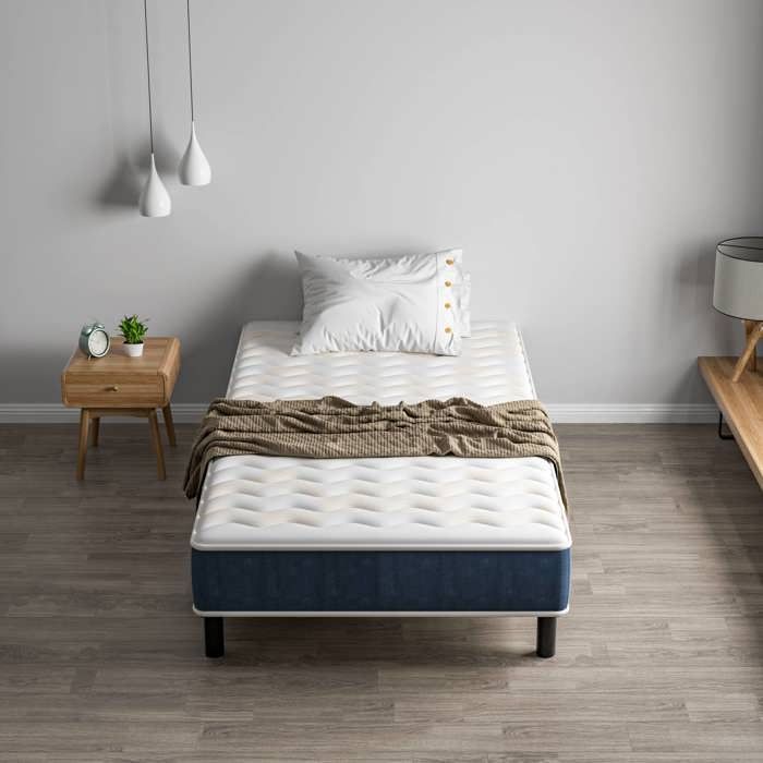 Colchón y base de cama STANEW de 90x190x15cm, espuma viscoelástica, estructura de hierro de 6 patas, resistente y transpirable.