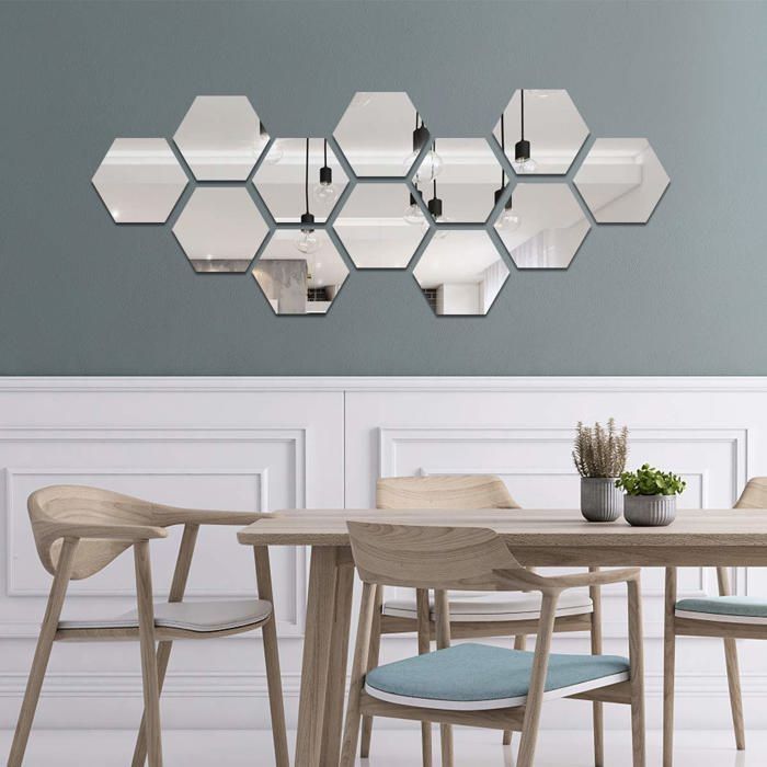 12 pegatinas acrílicas con efecto espejo para pared, ideales para salón y dormitorio, 17,7 cm x 15,3 cm (hexagonales, plateadas).