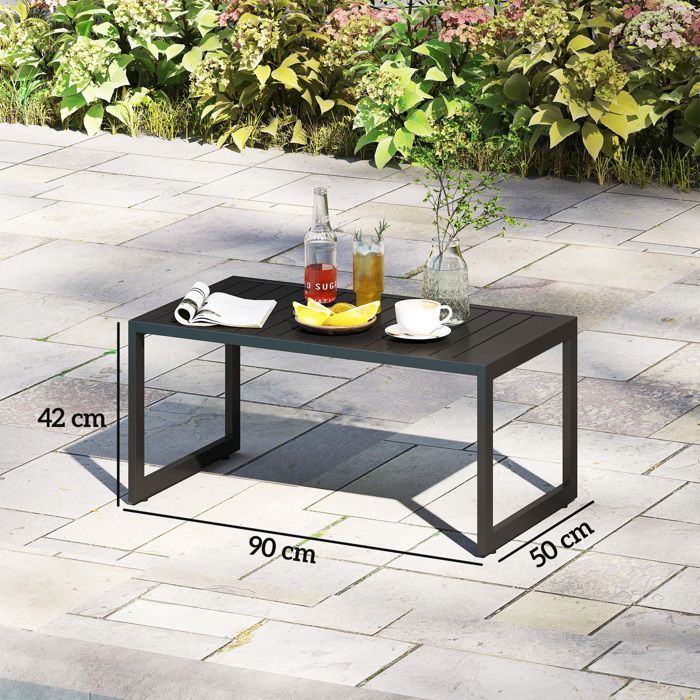 Mesa de centro para exteriores - Outsunny - tablero de listones - estructura de aluminio - para balcón, patio, terraza - 90 x 50 x 42 cm - negra