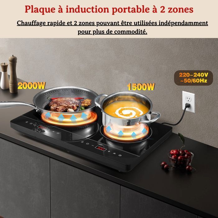 Plaque Induction 2 Feux,Table de cuisson induction,3500W, Écran Tactile, Contrôle Indépendant, 10 Niveaux,Portable