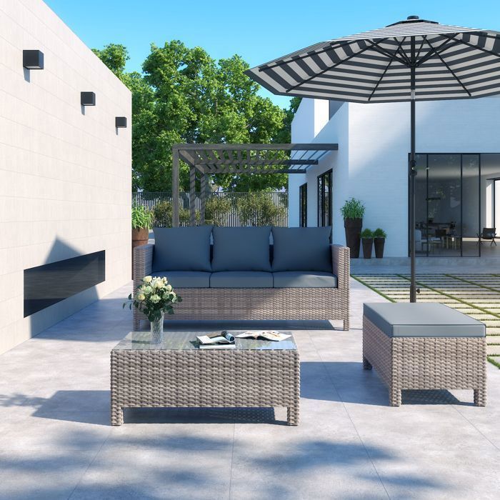 Conjunto de muebles de jardín Mondeer de 5 piezas, muebles de jardín de resina y mimbre para 4 personas, color gris.