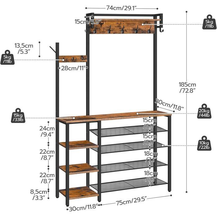 HOOBRO Coat Rack with Shoe Shelf, 3-in-1 Wardrobe, Reversible Side Shelf, Rustic Brown and Black