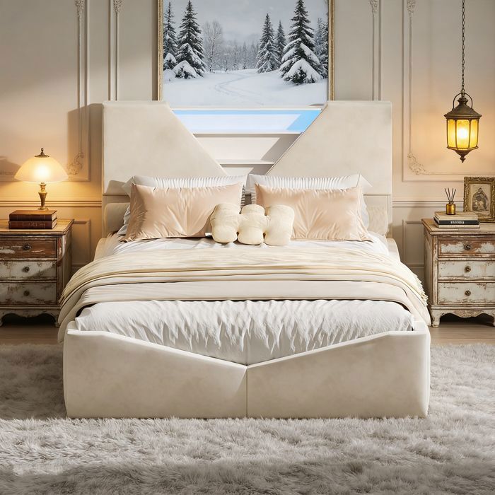Cama de 140x190 cm - Base de láminas - Terciopelo blanco roto - Iluminación LED integrada - 4 cajones de almacenamiento