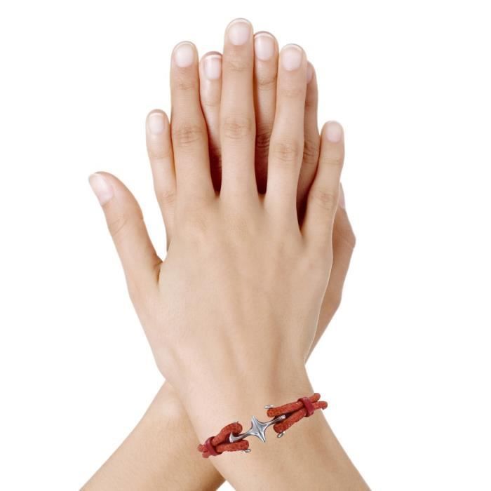 Les Poulettes Bijoux – Unisex-Armband aus rhodiniertem Silber mit doppeltem Anker und Rochenleder-Motiv – 18 cm – Orange