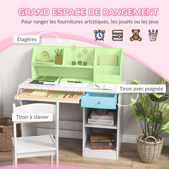 Scrivania per bambini con sedia - ZONEKIZ - vassoio estraibile per tastiera, cassetto, ripiani a giorno e nicchie - 90 x 45 x 90 cm - bianca
