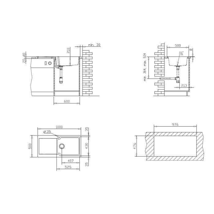 Lavabo da incasso liscio e reversibile con 1 vasca grande e 1 gocciolatoio, Essebagno, resina nera - 100 x 50 x 21,2 cm - ESSEBAGNO