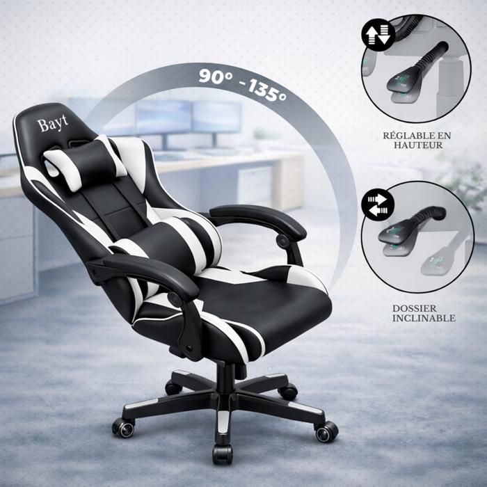 Bayt Chaise Gaming Ergonomique - Accoudoirs Réglables - Hauteur Ajustable - Dossier Inclinable - Noir & Blanc
