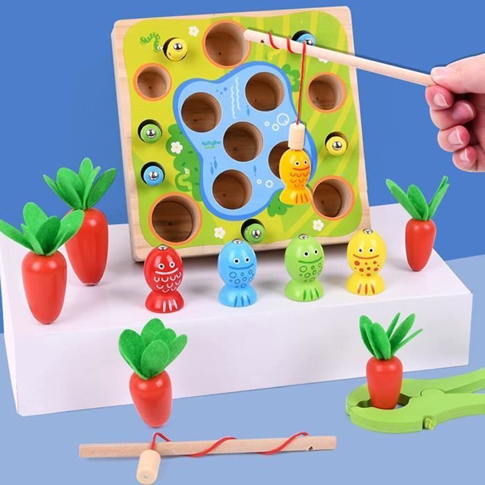 Juguete educativo de madera ZGEER - Juego de pesca de rábanos para arrastrar - Multifuncional 3 en 1