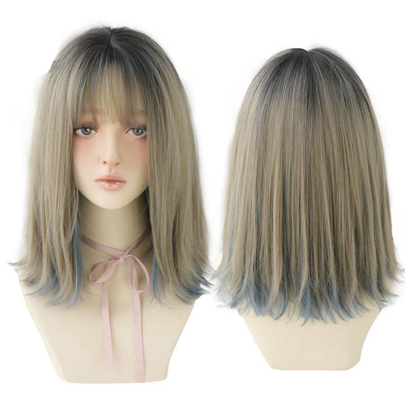 Remy Hair with Bangs Ombre Aoki Flax Ash Blue Short Synthetic Wig for Women Noble Heat Resistant Blonde Cosplay