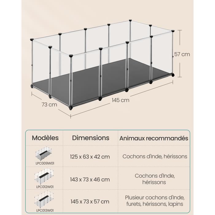 Enclos pour Animaux - SONGMICS - 145 x 73 x 57 cm - Blanc - Plancher et Tapis Imperméable et Amovible