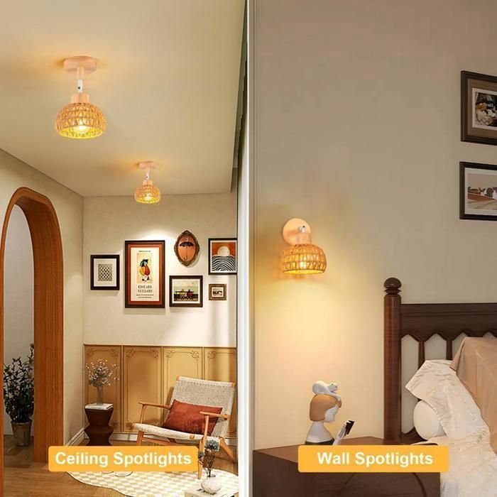 IDEGU 2pcs Lampe Murale Intérieure Rétro Applique Murale en Rotin et Bois Ajustable Luminaire Plafonnier Style-D Rotin Brun,Ø15cm