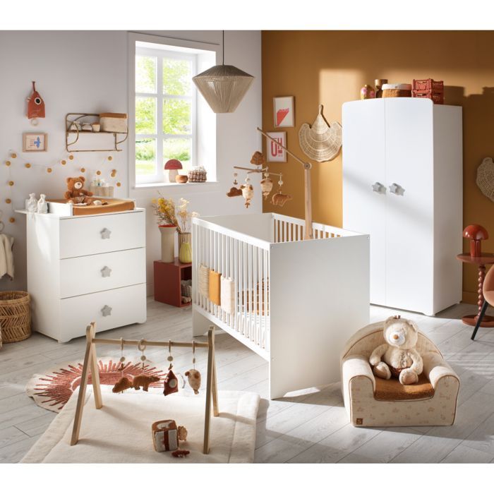 Chambre complète bébé avec lit 120x60cm, commode à langer et armoire 2 portes - BASIC