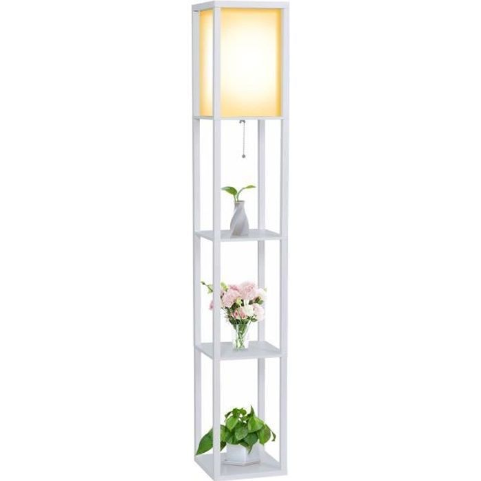 Wooden floor lamp, designer floor lamp with 3 shelves and E27 base, 1.6m, white shelf floor lamp