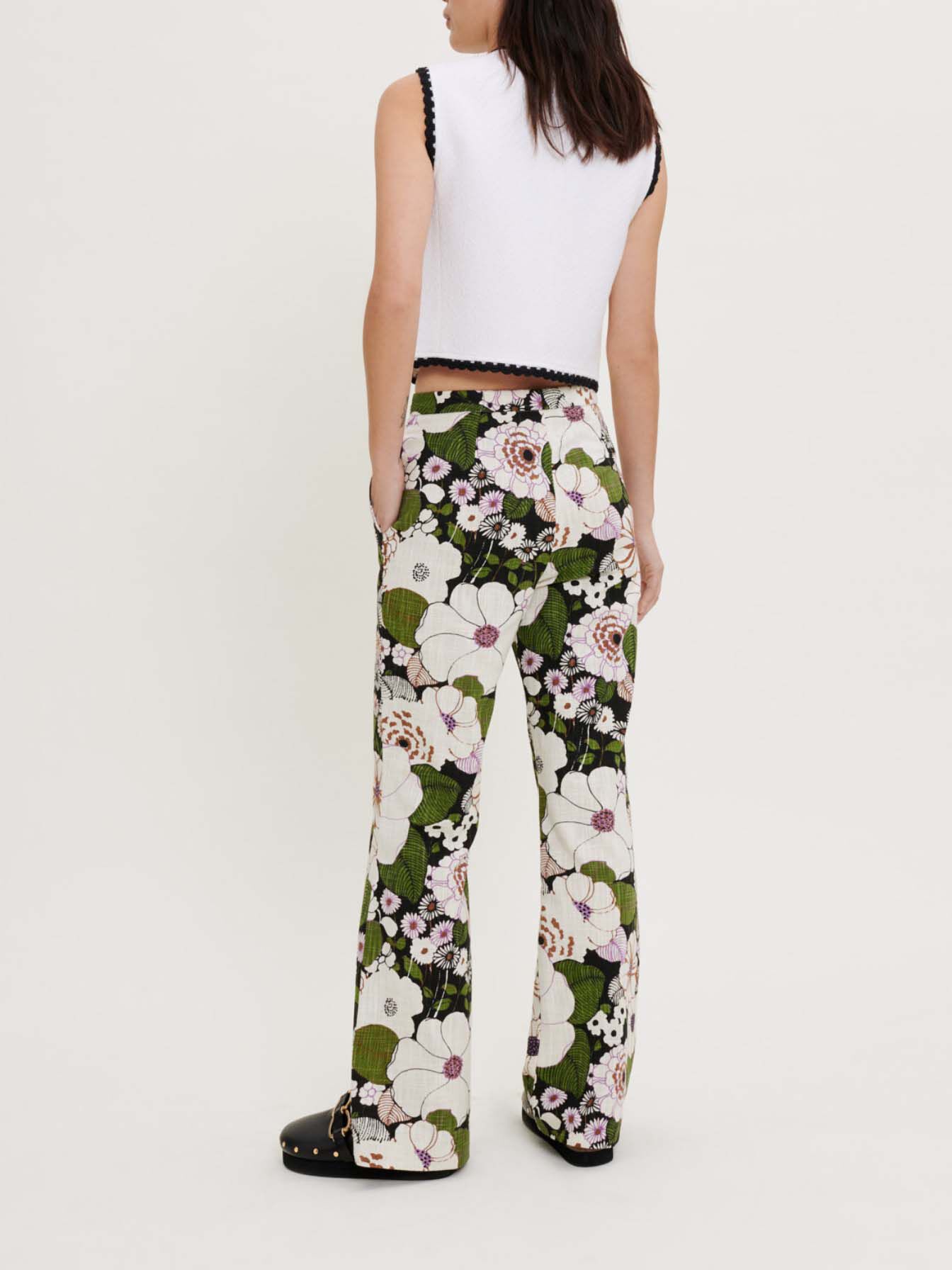 Pantaloni cu imprimeu floral anii șaptezeci - Fleur 70's noir