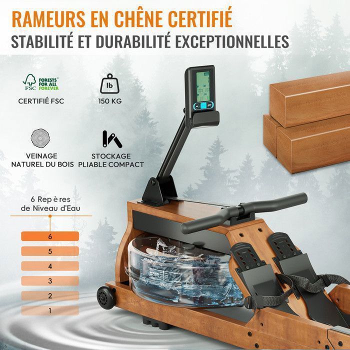 Vogatore ad acqua pieghevole - ADVAMSOLER - HCQ-51-A - Serbatoio da 15 litri - Kinomap Bluetooth - Legno massello di quercia