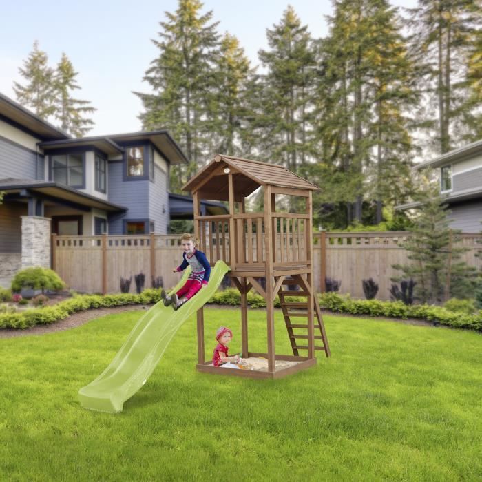 Área de juegos AXI Beach Tower con tobogán en verde claro y arenero | Casita de juegos grande para exteriores en color marrón