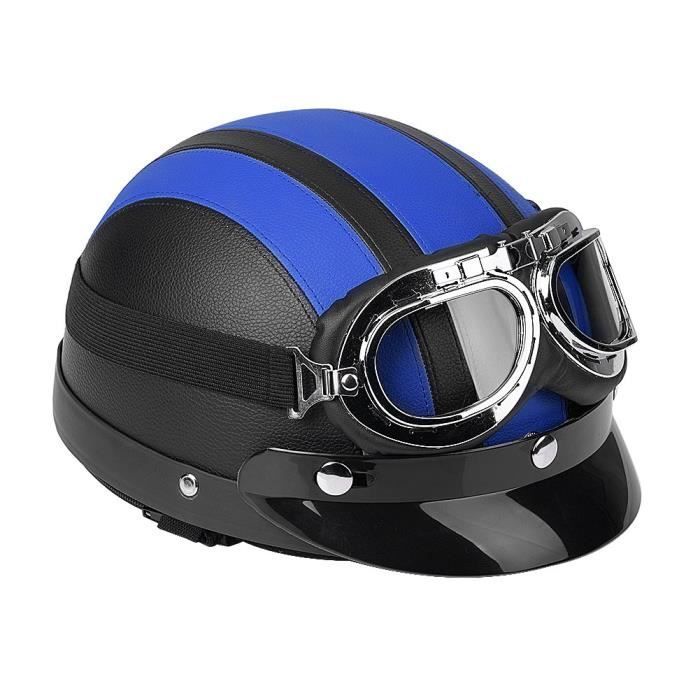 Casco abierto de media piel para moto/scooter con visera UV y gafas, estilo retro vintage, 54-60 cm - Azul