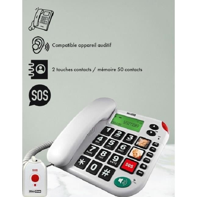 Telefone com fio MAXCOM KXT481 - Botões e imagens grandes - Botão SOS - Branco