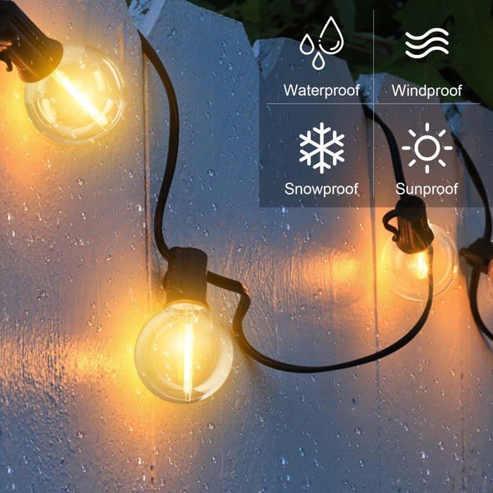 Guirnalda de luces solares para exteriores de 26,5 metros, con 50 bombillas E12 G40, de plástico y resistente al agua.