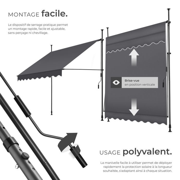 Toldo de jardín - TECTAKE - Toldo de fácil instalación sin necesidad de taladrar, con manivela regulable en altura - Negro/Gris - 200 x 180 cm