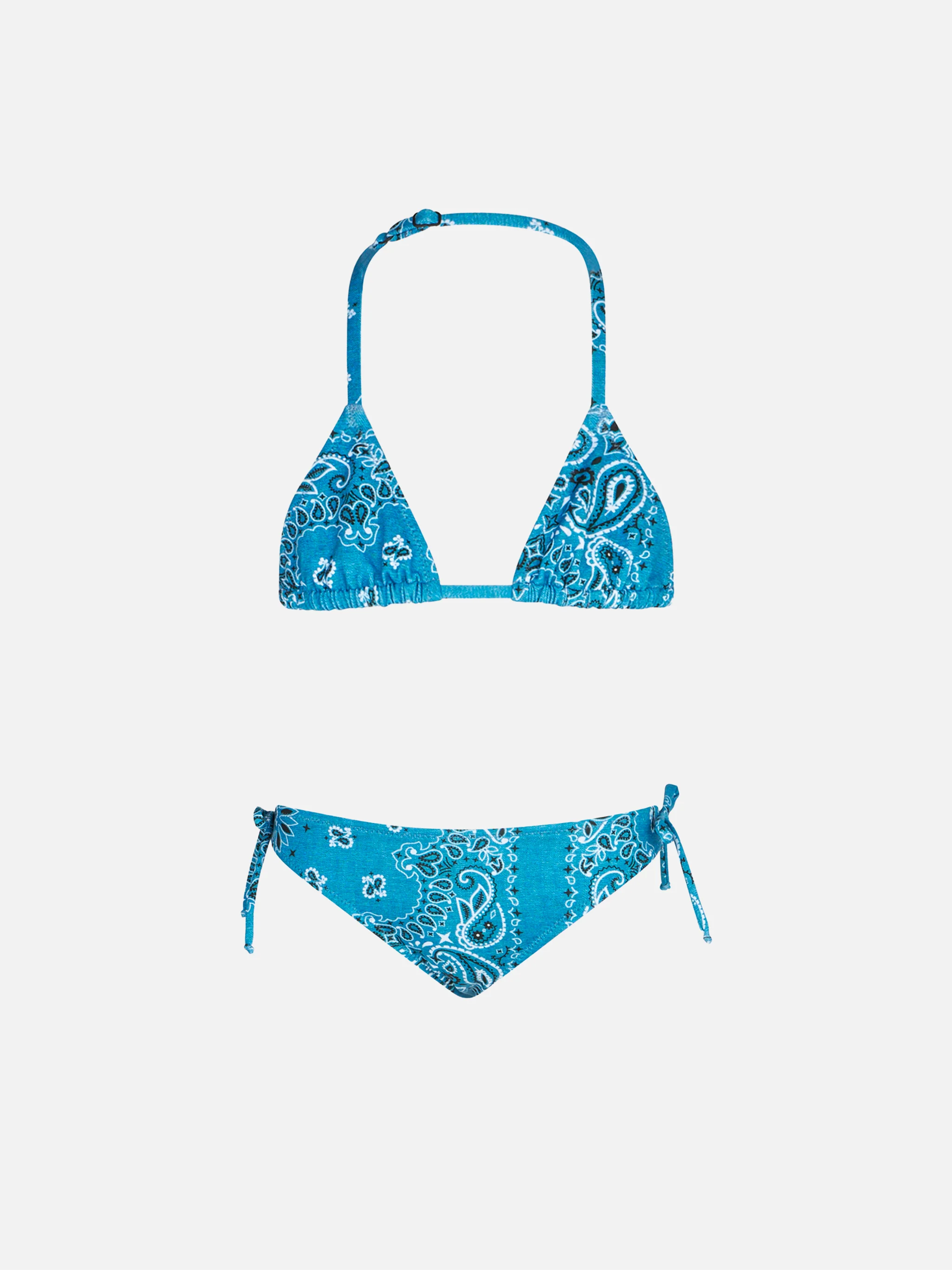 Driehoekige meisjesbikini met denim bandana-print