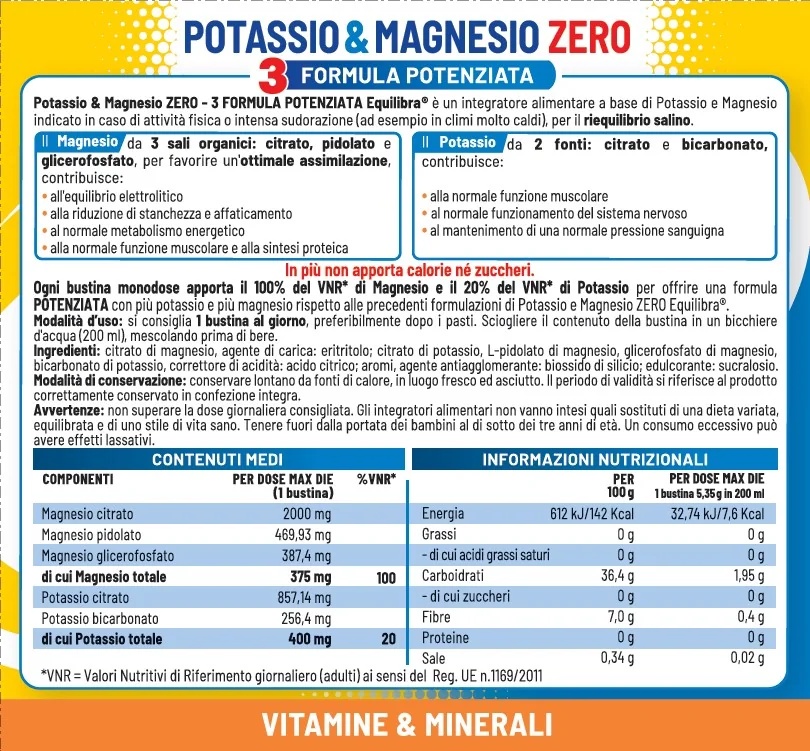 EQUILIBRA Kalium en Magnesium Zero 3 18 zakjes suikervrije mineraalzouten