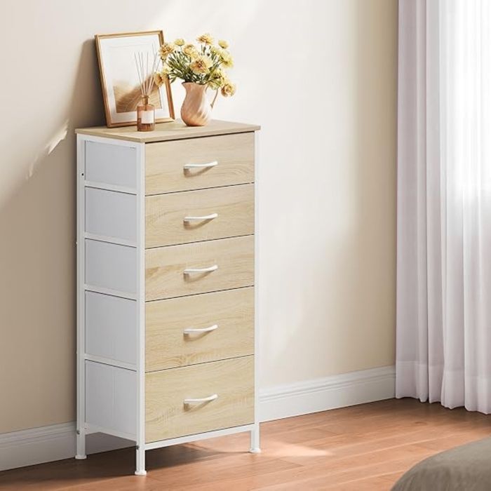 Cómoda WOLTU - Tocador con 5 cajones de tela - Mueble de MDF y metal - Roble claro + Blanco W0ITT5021