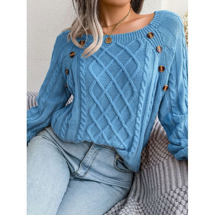 Maglione da donna a maniche lunghe in maglia, scollo quadrato, modello ampio a trecce con bottoni, tinta unita, autunno/inverno - taglia europea - blu