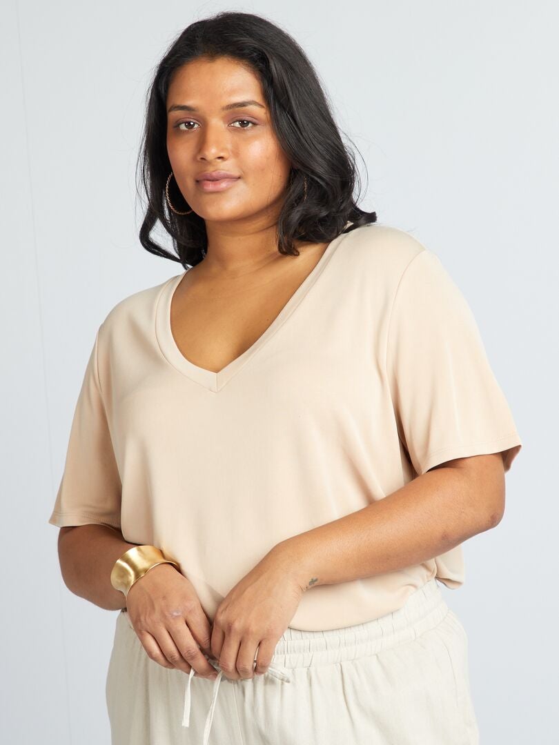 Stretch T-shirt met korte mouwen - BEIGE