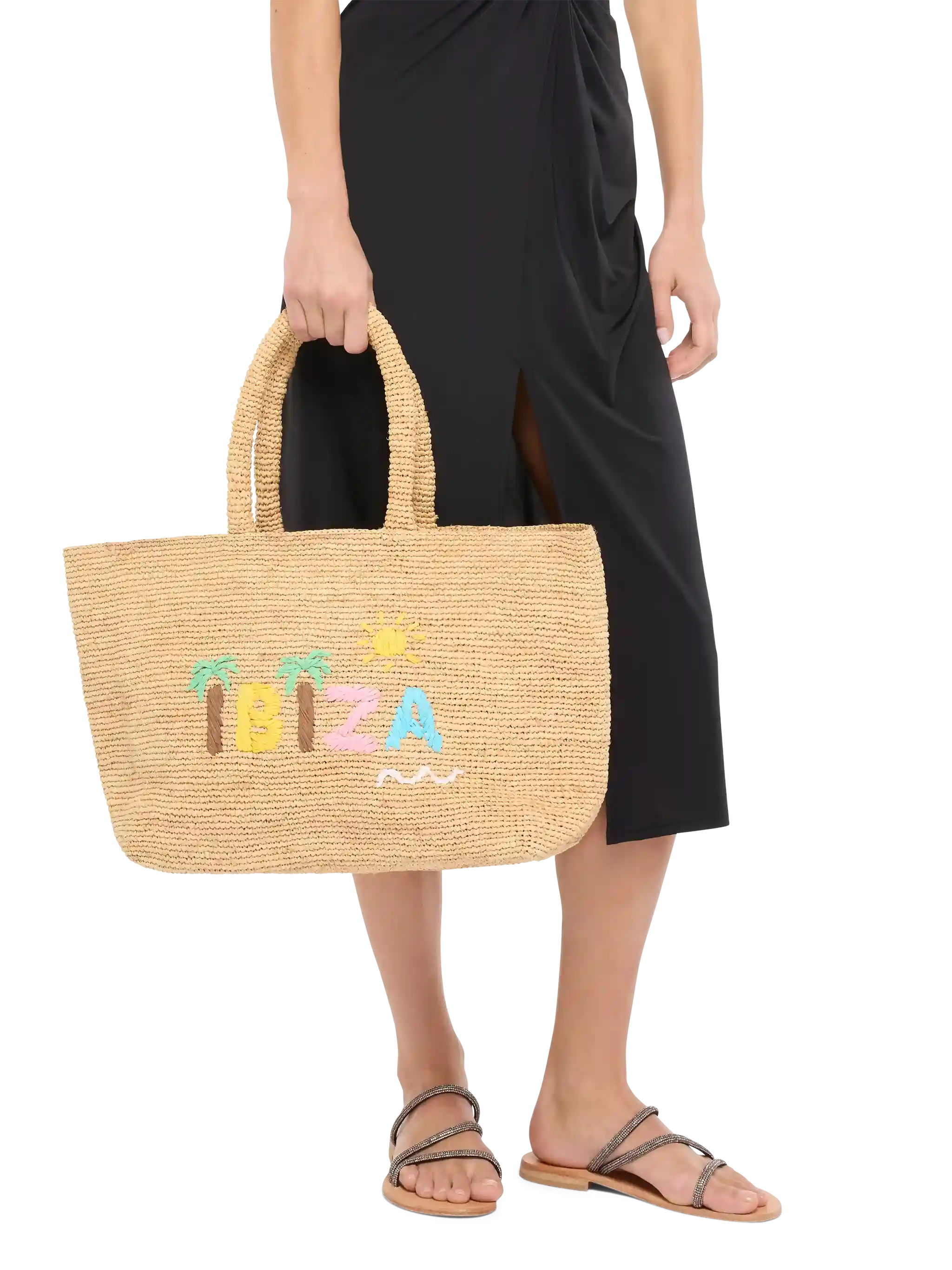 Beige raffiastrandväska med invändig bomullspåse och Ibiza-broderi