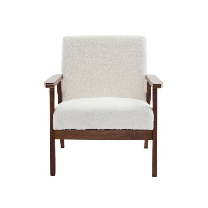 Sillón escandinavo ISAK en madera de caucho teñida de nogal claro con estampado bouclé.