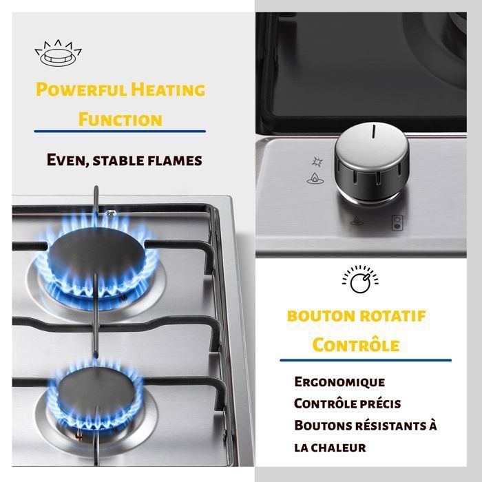 Plaque de Cuisson Gaz, 2 Feuxs Inox, Sécurité Thermocouple, Encastrable Table de Cuisson 30cm, Gazs Naturel/Propane, 4200W