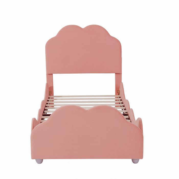 Lit enfant rembourré 90x200 cm en velours rose avec barrière et tête en forme de nuage — sommier inclus