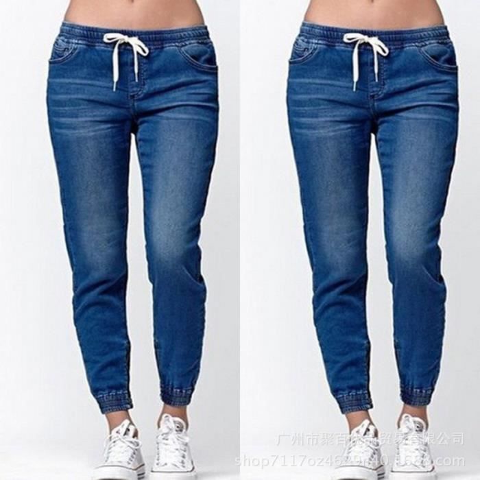Jeans Femme Slim - FUNMOON - Lacé Lavé Close-Up - Bleu - Personnalité Mode Casual
