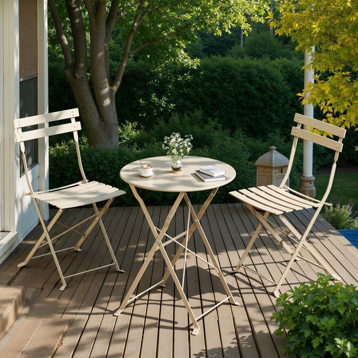 Conjunto de muebles de jardín plegables, 3 piezas, acero resistente, mesa y sillas, patio, balcón, beige.